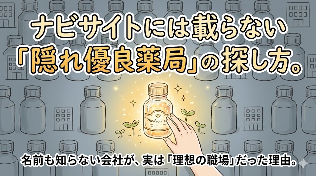 華やかな大手の看板ではなく、自分の手の中にある輝く原石(隠れ優良企業)を選び取って喜ぶ薬学生のイラスト。「ナビサイトに載らない宝物」というテーマ。