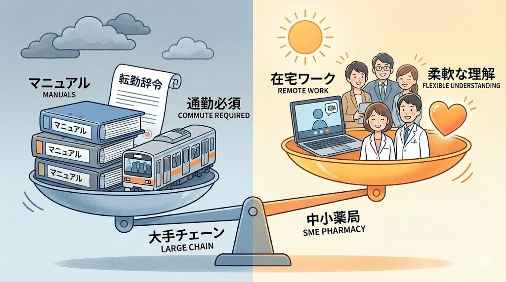 大手チェーンと中小薬局の働き方を比較した天秤のイラスト。左側の皿には「分厚いマニュアル」「転勤辞令」「満員電車（通勤必須）」が乗っており、重苦しい雰囲気。右側の皿には「ノートPC（在宅ワーク）」「笑顔の仲間」「ハートマーク（柔軟な理解）」が乗っており、明るく軽やかな雰囲気。