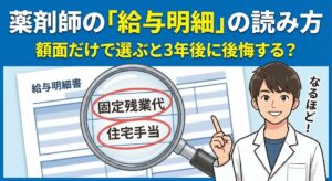 給与明細の「固定残業代」や「住宅手当」を虫眼鏡で詳しく確認し、納得する薬学生のイラスト