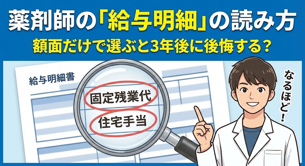 給与明細の「固定残業代」や「住宅手当」を虫眼鏡で詳しく確認し、納得する薬学生のイラスト