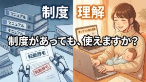 「制度」と「理解」を対比させた記事サムネイル。左側は寒色系で、山積みの書類（マニュアル）と「転勤辞令」を持つ無機質な手。右側は暖色系で、ノートPCを開いて自宅で子供を抱きながら笑顔で仕事をする女性薬剤師（オンライン漢方相談の様子）。中央に「制度があっても、使えますか？」のコピー。