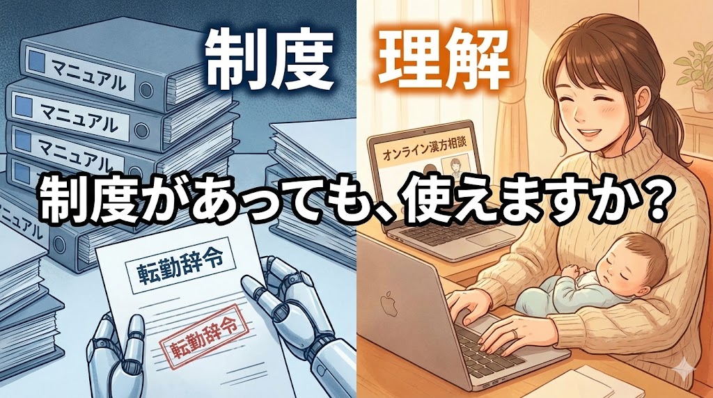「制度」と「理解」を対比させた記事サムネイル。左側は寒色系で、山積みの書類（マニュアル）と「転勤辞令」を持つ無機質な手。右側は暖色系で、ノートPCを開いて自宅で子供を抱きながら笑顔で仕事をする女性薬剤師（オンライン漢方相談の様子）。中央に「制度があっても、使えますか？」のコピー。