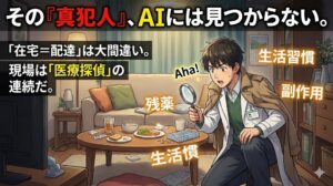 「在宅医療＝医療探偵」をテーマにした記事サムネイル。生活感のある患者のリビングで、トレンチコートを着た薬剤師が虫眼鏡を片手に「真犯人（不調の原因）」を発見してハッとしているイラスト。「残薬」「生活習慣」「副作用」というキーワードが浮かんでいる。キャッチコピーは「その『真犯人』、AIには見つからない。『在宅＝配達』は大間違い。現場は『医療探偵』の連続だ。」。
