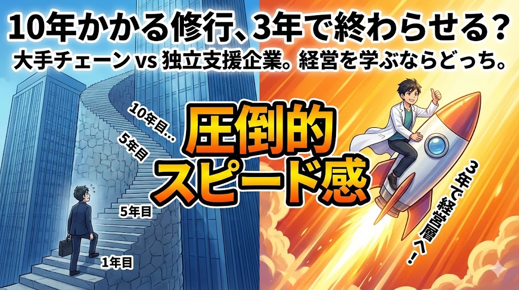 サムネイル画像。タイトルは「10年かかる修行、3年で終わらせる? 大手チェーン vs 独立支援企業」。左半分は寒色系で、スーツ姿の男性がビルに続く長い階段を疲れながら登る様子。「10年目…」の文字。右半分は暖色系で、白衣を着た若い薬剤師がロケットに乗って一気に急上昇し、サムズアップしている様子。「3年で経営層へ!」「圧倒的スピード感」の文字。