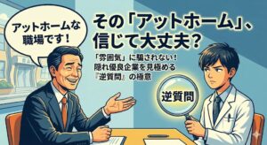 就活面接で「アットホームな職場」とアピールする面接官と、それを「逆質問」という虫眼鏡を使って慎重に見極めようとする薬学生のイラスト。タイトル文字「その『アットホーム』、信じて大丈夫？隠れ優良企業を見極める『逆質問』の極意」入り。