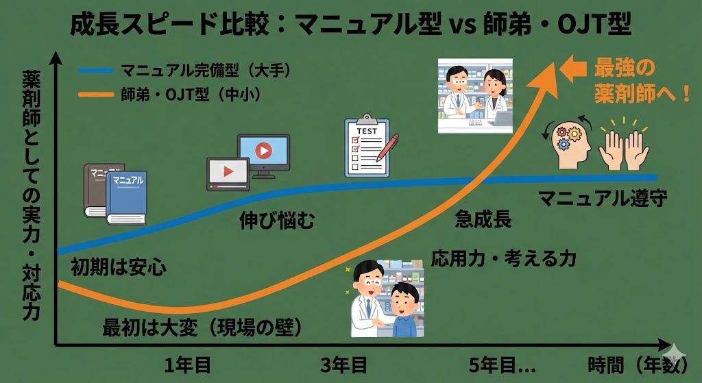 「成長スピード比較：マニュアル型 vs 師弟・OJT型」と題したグラフ画像。縦軸は薬剤師としての実力・対応力、横軸は年数（1年目〜5年目）。青い線の「マニュアル完備型（大手）」は初期は安定しているが、途中から横ばいで伸び悩む様子。対してオレンジの線の「師弟・OJT型（中小）」は、1年目は現場の壁にぶつかるものの、3年目以降に急角度で上昇し、「最強の薬剤師」へと成長する軌跡が描かれている。