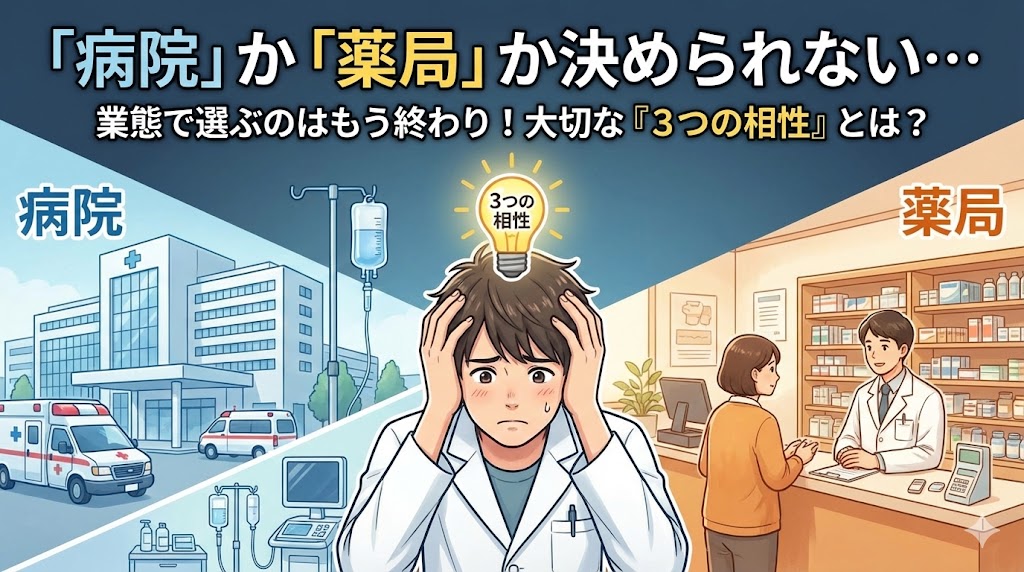「病院」か「薬局」か進路に迷って頭を抱える薬学生のイラスト。左側には青を基調とした病院の背景、右側にはオレンジを基調とした薬局の背景が描かれ、2つの選択肢の板挟みになっている様子を表現。中央の学生の頭上には「3つの相性」と書かれた電球が光り、解決のヒントを示唆している。タイトル文字「『病院』か『薬局』か決められない… 業態で選ぶのはもう終わり！大切な『3つの相性』とは？」入り。