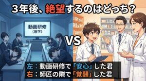 「3年後、絶望するのはどっち？」というタイトルの記事サムネイル。画面が左右に分割されている。左側は暗い寒色系の教室で、動画研修を見ながら退屈そうに居眠りをしているスーツ姿の学生たち。「動画研修で『安心』した君」の文字。右側は明るい暖色系の薬局内で、白衣を着た若手薬剤師が先輩（師匠）の話を熱心にメモし、目を輝かせている様子。「師匠の隣で『覚醒』した君」の文字。