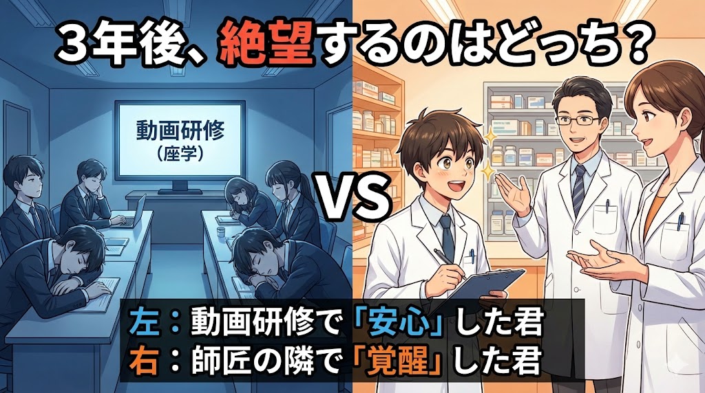「3年後、絶望するのはどっち?」というタイトルの記事サムネイル。画面が左右に分割されている。左側は暗い寒色系の教室で、動画研修を見ながら退屈そうに居眠りをしているスーツ姿の学生たち。「動画研修で『安心』した君」の文字。右側は明るい暖色系の薬局内で、白衣を着た若手薬剤師が先輩(師匠)の話を熱心にメモし、目を輝かせている様子。「師匠の隣で『覚醒』した君」の文字。
