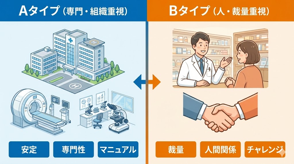 薬剤師の働き方のタイプ別比較図解。左側の青いエリアは「Aタイプ（専門・組織重視）」として、大きな病院の建物や高度医療機器のイラストに加え、「安定」「専門性」「マニュアル」というキーワードを記載。右側のオレンジのエリアは「Bタイプ（人・裁量重視）」として、笑顔で患者と対話する薬剤師や握手をする手のイラストに加え、「裁量」「人間関係」「チャレンジ」というキーワードを記載している。