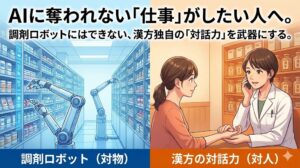 AI時代の働き方を対比させたサムネイル画像。左半分は寒色系で、無機質な調剤ロボットが棚から薬をピッキングしている様子。「調剤ロボット（対物）」の文字。右半分は暖色系で、漢方薬剤師が患者の脈診をしながら温かく対話している様子。「漢方の対話力（対人）」の文字。上部にタイトル「AIに奪われない『仕事』がしたい人へ。調剤ロボットにはできない、漢方独自の『対話力』を武器にする。」が入っている。