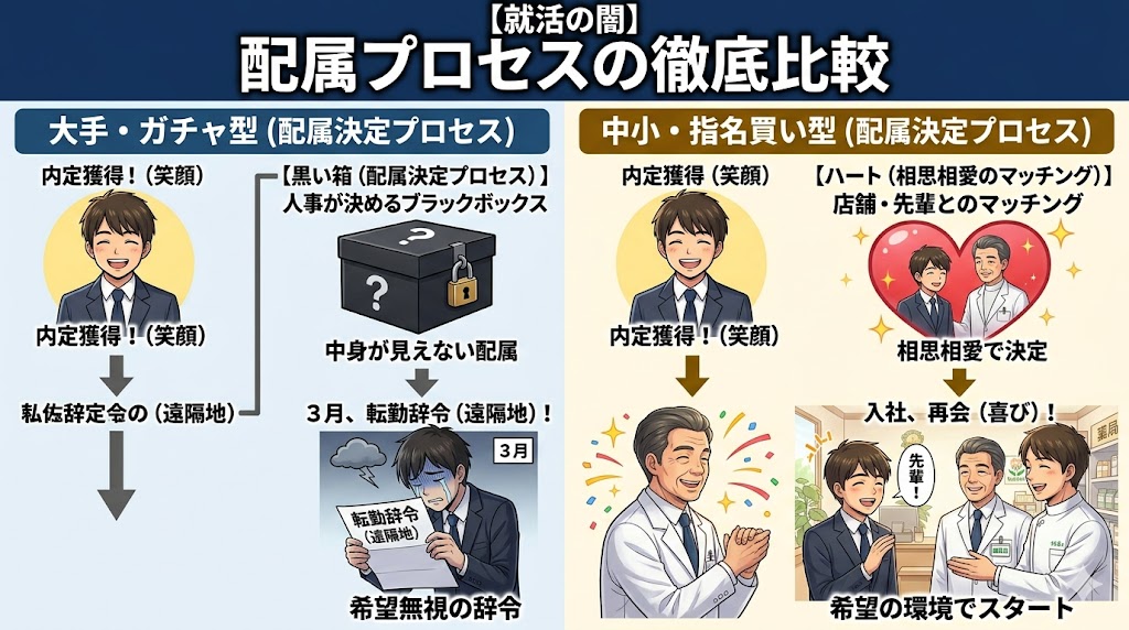 大手チェーン(ガチャ型)と中小薬局(指名買い型)の配属決定プロセスを比較したタイムライン画像。上段の大手・ガチャ型では、内定時の笑顔の学生から、中が見えない黒い箱(配属決定)を経て、3月に「転勤辞令(遠隔地)」が届き絶望して涙する学生の流れが描かれている。下段の中小・指名買い型では、内定時の笑顔の学生から、ハートマーク(相思相愛のマッチング)を経て、入社後に笑顔で「先輩!」と高橋先生や氏家さんと再会し喜ぶ学生の流れが描かれている。