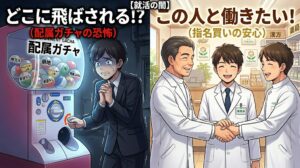 「配属ガチャ」の不安と「指名買い」の安心を対比させたサムネイル画像。左側の暗い背景には、様々な店舗名や条件が書かれたカプセルが入った巨大な「配属ガチャマシン」があり、震える薬学生が祈りながらレバーを回している。「どこに飛ばされる！？」というテキスト。右側の明るい背景には、笑顔の高橋先生（薬局長）と氏家さん（採用担当）が一人の晴れやかな表情の学生とガッチリ握手をしている。「この人と働きたい！」というテキスト。
