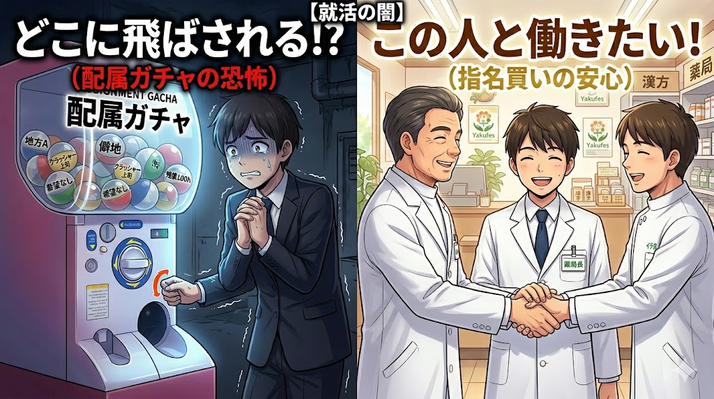 「配属ガチャ」の不安と「指名買い」の安心を対比させたサムネイル画像。左側の暗い背景には、様々な店舗名や条件が書かれたカプセルが入った巨大な「配属ガチャマシン」があり、震える薬学生が祈りながらレバーを回している。「どこに飛ばされる!?」というテキスト。右側の明るい背景には、笑顔の高橋先生(薬局長)と氏家さん(採用担当)が一人の晴れやかな表情の学生とガッチリ握手をしている。「この人と働きたい!」というテキスト。