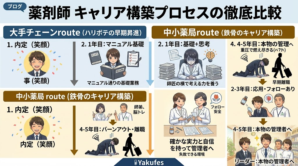 「薬剤師 キャリア構築プロセスの徹底比較」と題された、インフォグラフィック画像。上段は「大手チェーン route (ハリボテの早期昇進)」で、内定獲得から1年目「マニュアル通りの基礎業務」、2-3年目「いきなり管理薬剤師に抜擢！相談相手がいない孤独」で山積みの書類（薬歴、麻薬管理、個別指導）に囲まれ青ざめる、4-5年目「重圧で燃え尽きる（バーンアウト）早期離職」で倒れ去る流れ。下段は「中小薬局 route (鉄骨のキャリア構築)」で、内定獲得から1年目「師匠の横で考える力を養う」で高橋先生と議論、2-3年目「店舗運営に挑戦（先輩のフォロー）失敗できる環境」で服薬指導中に高橋先生がフォロー、4-5年目「確かな実力と自信を持って管理者へ」で自信満々でチーム（高橋先生、氏家さん含む）を率いる流れ。アニメイラスト調。