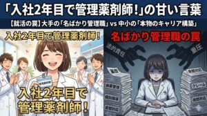 「【就活の罠】「入社2年目で管理薬剤師！」の甘い言葉」と題された、左右分割の対比画像。左側は明るい薬局で笑顔の女性薬剤師が「管理薬剤師」の名札を掲げ同僚に祝福されており、上部に「入社2年目で管理薬剤師！」の白文字がある。右側は薄暗いデスクで同じ女性薬剤師が山積みの書類（「薬歴」「麻薬管理」「個別指導対策」「クレーム処理」）に囲まれ青ざめて頭を抱えており、不気味に伸びる手のシルエット（法的責任、重圧）が迫っている。上部に「名ばかり管理職の罠」の赤文字がある。下部には「大手の「名ばかり管理職」 vs 中小の「本物のキャリア構築」」のテキストがある。アニメイラスト調。