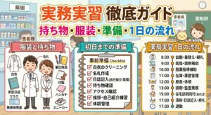 薬局実務実習の徹底ガイドのサムネイル。「服装と持ち物」「初日までの準備チェックリスト」「実習1日の流れ（タイムスケジュール）」の3つのセクションが分かりやすくイラストでまとめられています。