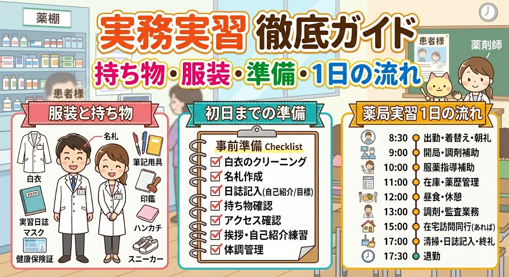 薬局実務実習の徹底ガイドのサムネイル。「服装と持ち物」「初日までの準備チェックリスト」「実習1日の流れ(タイムスケジュール)」の3つのセクションが分かりやすくイラストでまとめられています。
