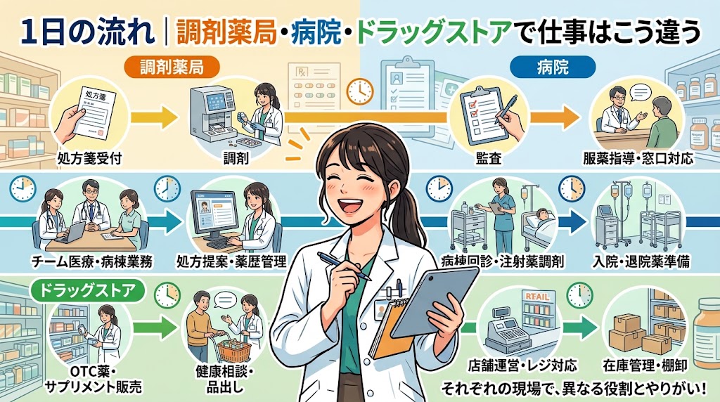 中央にタブレットを持った笑顔の女性薬剤師が立つ、職場ごとの業務内容を図解したイラスト。上部には「1日の流れ|調剤薬局・病院・ドラッグストアで仕事はこう違う」のタイトル文字。背景は3つの段に分かれて時系列の業務フローを示している。上段(オレンジ色)は「調剤薬局」で、処方箋受付、調剤、監査、服薬指導・窓口対応の様子。中段(青色)は「病院」で、チーム医療・病棟業務、処方提案・薬歴管理、病棟回診・注射薬調剤、入退院薬準備の様子。下段(緑色)は「ドラッグストア」で、OTC薬・サプリメント販売、健康相談・品出し、店舗運営・レジ対応、在庫管理・棚卸の様子が、それぞれ円形のイラストと矢印で分かりやすく解説されている。右下には「それぞれの現場で、異なる役割とやりがい!」のテキストがある。