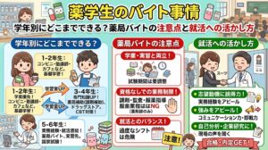 薬学生のアルバイト事情に関する情報グラフィックです。「学年別にどこまでできる？薬局バイトの注意点と就活への活かし方」というタイトルで、3つのセクションに分かれています。 左側は「学年別にどこまでできる？」で、1-2年生（学業優先、コンビニ・塾講師・カフェなど）、3-4年生（専門知識UP、薬局補助・ドラッグストア）、5-6年生（実務経験・就活直結、薬局バイト・実習先）と、学年ごとのアルバイト例と学習内容がイラスト付きで説明されています。学習量が増える矢印が描かれています。 中央は「薬局バイトの注意点」で、学業・実習と両立（試験期間の調整）、資格なしでの業務制限（調剤・監査・服薬指導は薬剤師のみでNG）、就活とのバランス（過度なシフトは危険）といった項目が挙げられています。 右側は「就活への活かし方」で、スーツ姿の学生と薬剤師が握手するイラスト。リストとして、志望動機に実務経験をアピール、コミュニケーション力や即戦力などの強みをアピール、現場の声を聞いて自己分析・企業研究に役立てる、という3つの方法が書かれています。最終目標として「合格・内定GET！」が示されています。 背景には薬棚、教室、面接会場の様子が描かれています。