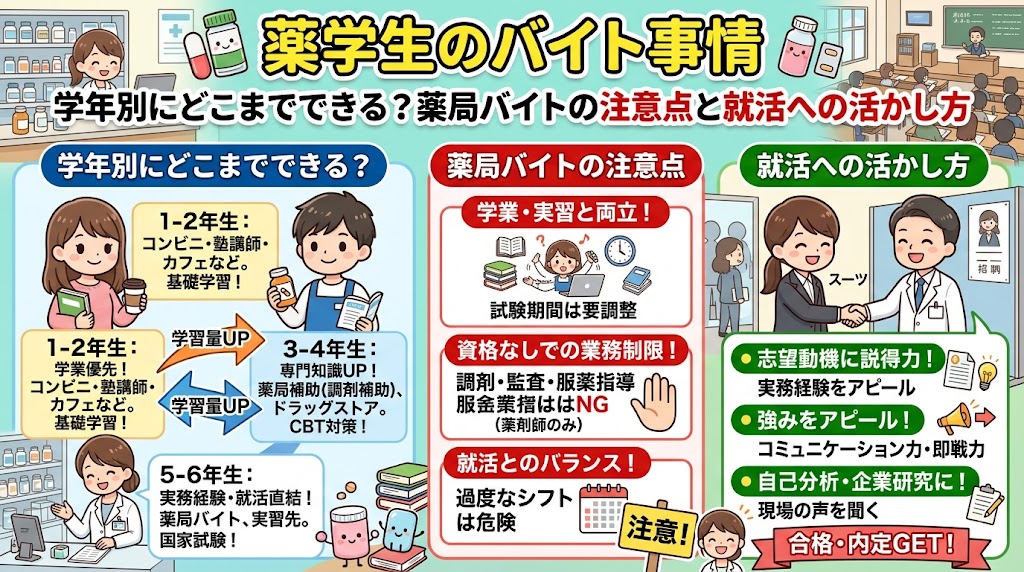 薬学生のアルバイト事情に関する情報グラフィックです。「学年別にどこまでできる?薬局バイトの注意点と就活への活かし方」というタイトルで、3つのセクションに分かれています。 左側は「学年別にどこまでできる?」で、1-2年生(学業優先、コンビニ・塾講師・カフェなど)、3-4年生(専門知識UP、薬局補助・ドラッグストア)、5-6年生(実務経験・就活直結、薬局バイト・実習先)と、学年ごとのアルバイト例と学習内容がイラスト付きで説明されています。学習量が増える矢印が描かれています。 中央は「薬局バイトの注意点」で、学業・実習と両立(試験期間の調整)、資格なしでの業務制限(調剤・監査・服薬指導は薬剤師のみでNG)、就活とのバランス(過度なシフトは危険)といった項目が挙げられています。 右側は「就活への活かし方」で、スーツ姿の学生と薬剤師が握手するイラスト。リストとして、志望動機に実務経験をアピール、コミュニケーション力や即戦力などの強みをアピール、現場の声を聞いて自己分析・企業研究に役立てる、という3つの方法が書かれています。最終目標として「合格・内定GET!」が示されています。 背景には薬棚、教室、面接会場の様子が描かれています。