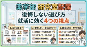 薬学部の研究室配属に関する解説サムネイル。「配属の決まり方」「後悔しない選び方のコツ」「就活に効く4つの視点」の3つのテーマが、イラストとチェックリストで分かりやすく整理されています。
