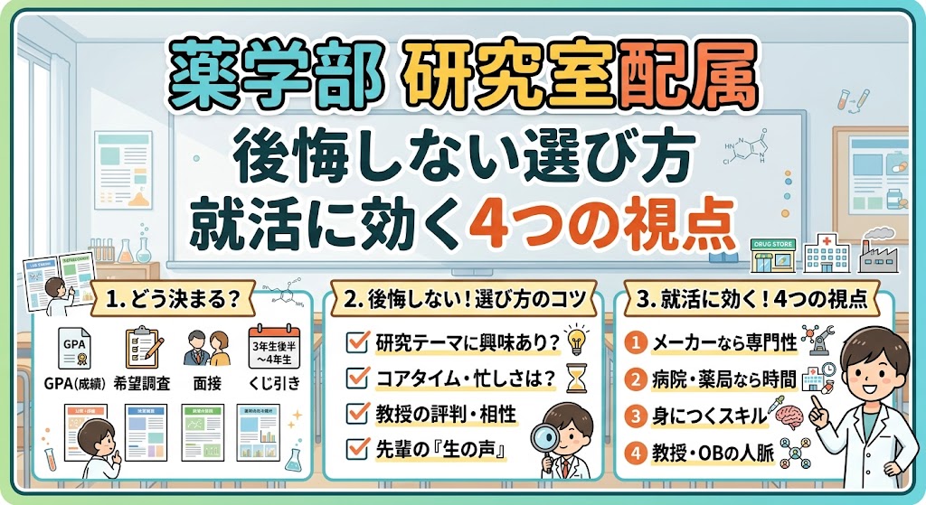 薬学部の研究室配属に関する解説サムネイル。「配属の決まり方」「後悔しない選び方のコツ」「就活に効く4つの視点」の3つのテーマが、イラストとチェックリストで分かりやすく整理されています。