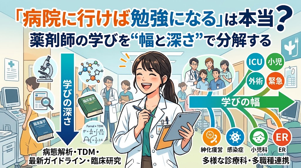 中央に笑顔の女性薬剤師が立つ、病院薬剤師の学びを図解したイラスト。上部には「『病院に行けば勉強になる』は本当?薬剤師の学びを“幅と深さ”で分解する」のタイトル文字。左側には「学びの深さ」を示す下向きの矢印に沿って、顕微鏡や臨床薬学の専門書が描かれ、「病態解析・TDM・最新ガイドライン・臨床研究」といった専門性の追求を表現。右側には「学びの幅」を示す枝分かれした矢印の先に、「ICU」「小児科」「外科」「ER」「感染症」などのアイコンが並び、「多様な診療科・多職種連携」による幅広い経験を表現している。背景には病院の廊下で働く医師や看護師の姿が描かれている。