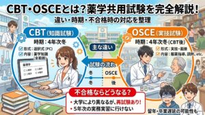 薬学共用試験であるCBT（知識試験）とOSCE（実技試験）の違い、実施時期、不合格時の対応について解説したサムネイル画像。PCで試験を受ける学生や、患者に服薬指導をする学生のイラストが描かれています。