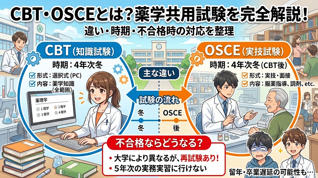 薬学共用試験であるCBT(知識試験)とOSCE(実技試験)の違い、実施時期、不合格時の対応について解説したサムネイル画像。PCで試験を受ける学生や、患者に服薬指導をする学生のイラストが描かれています。