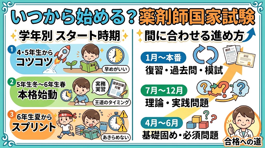 薬剤師国家試験の勉強スケジュールを解説するサムネイル。「いつから始める?薬剤師国家試験」という見出しの下、左側には学年別のスタート時期(4・5年生、5年生冬〜6年生春、6年生夏)ごとの勉強に取り組む学生のイラスト、右側には4月から試験本番までの月ごとの具体的な学習の進め方(基礎固め、実践問題、過去問・模試など)が矢印の図解とともにまとめられています。
