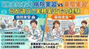 病院実習と薬局実習の違いを比較した解説用サムネイル。「徹底比較！病院実習vs薬局実習 何が違う？実務実習での経験」という見出しの下、画面の左側には病室でチーム医療や服薬指導を行う病院実習のイラストと業務内容、右側にはカウンターで患者に服薬指導を行う薬局実習のイラストと業務内容が対比して描かれています。