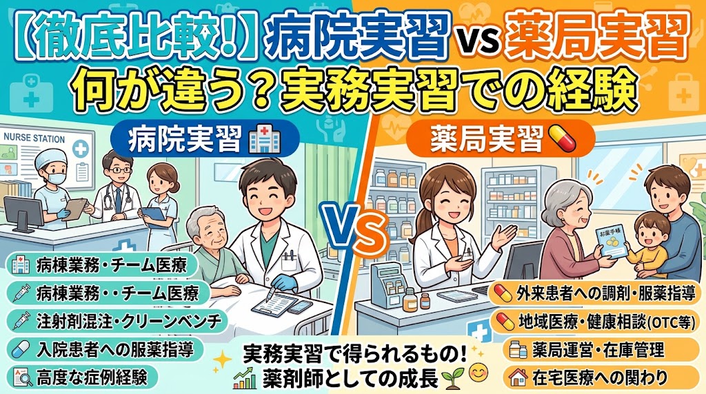 病院実習と薬局実習の違いを比較した解説用サムネイル。「徹底比較!病院実習vs薬局実習 何が違う?実務実習での経験」という見出しの下、画面の左側には病室でチーム医療や服薬指導を行う病院実習のイラストと業務内容、右側にはカウンターで患者に服薬指導を行う薬局実習のイラストと業務内容が対比して描かれています。