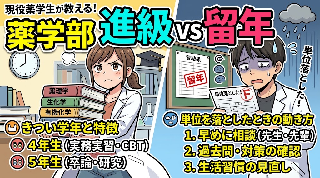 薬学部の進級と留年について解説したサムネイル。「薬学部 進級vs留年」の大きな見出しの下、左側には分厚い専門書を抱えて試験に挑む険しい表情の女子学生と「きつい学年の特徴(4年生、5年生)」、右側には単位を落として青ざめる男子学生と「単位を落としたときの動き方(早めに相談、過去問確認など)」のイラストが左右で対比して描かれています。